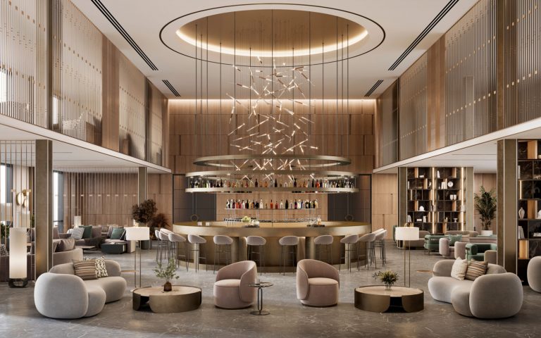 3D rendering of a luxurious hotel lobby and bar interiors. Computer generated image of five-star hotel and resort design interior.